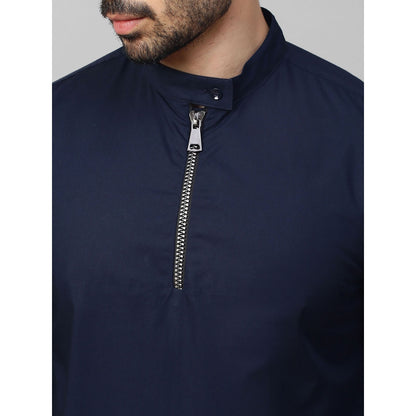 Echke Dark Blue Shirt with Mandarin Collar and Placket Zipper Feature