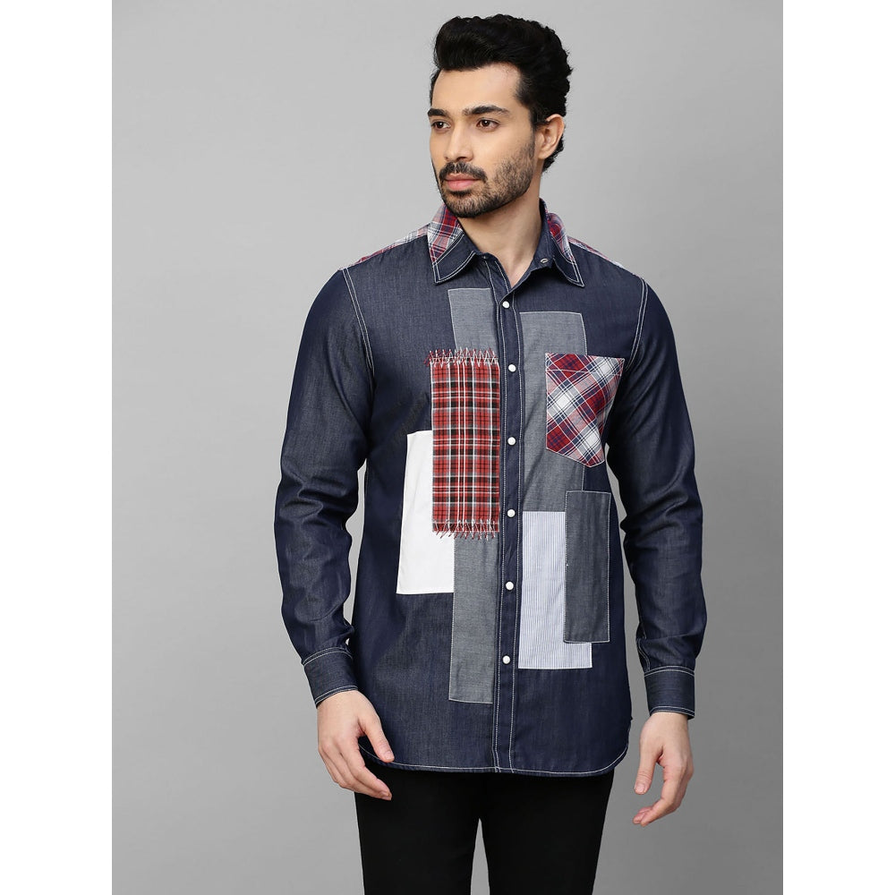 Echke Denim Shirt with White and Checks Patchwork