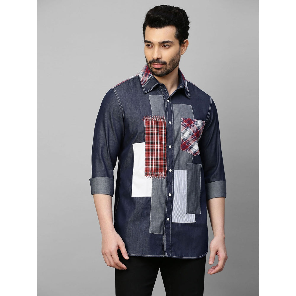 Echke Denim Shirt with White and Checks Patchwork