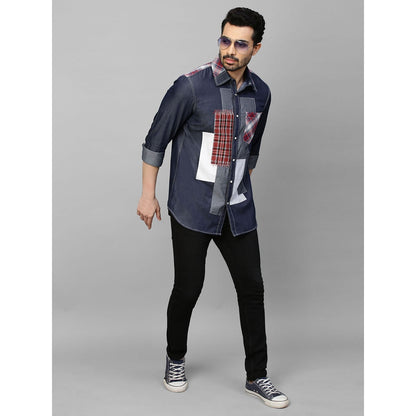 Echke Denim Shirt with White and Checks Patchwork