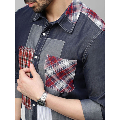 Echke Denim Shirt with White and Checks Patchwork