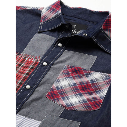 Echke Denim Shirt with White and Checks Patchwork