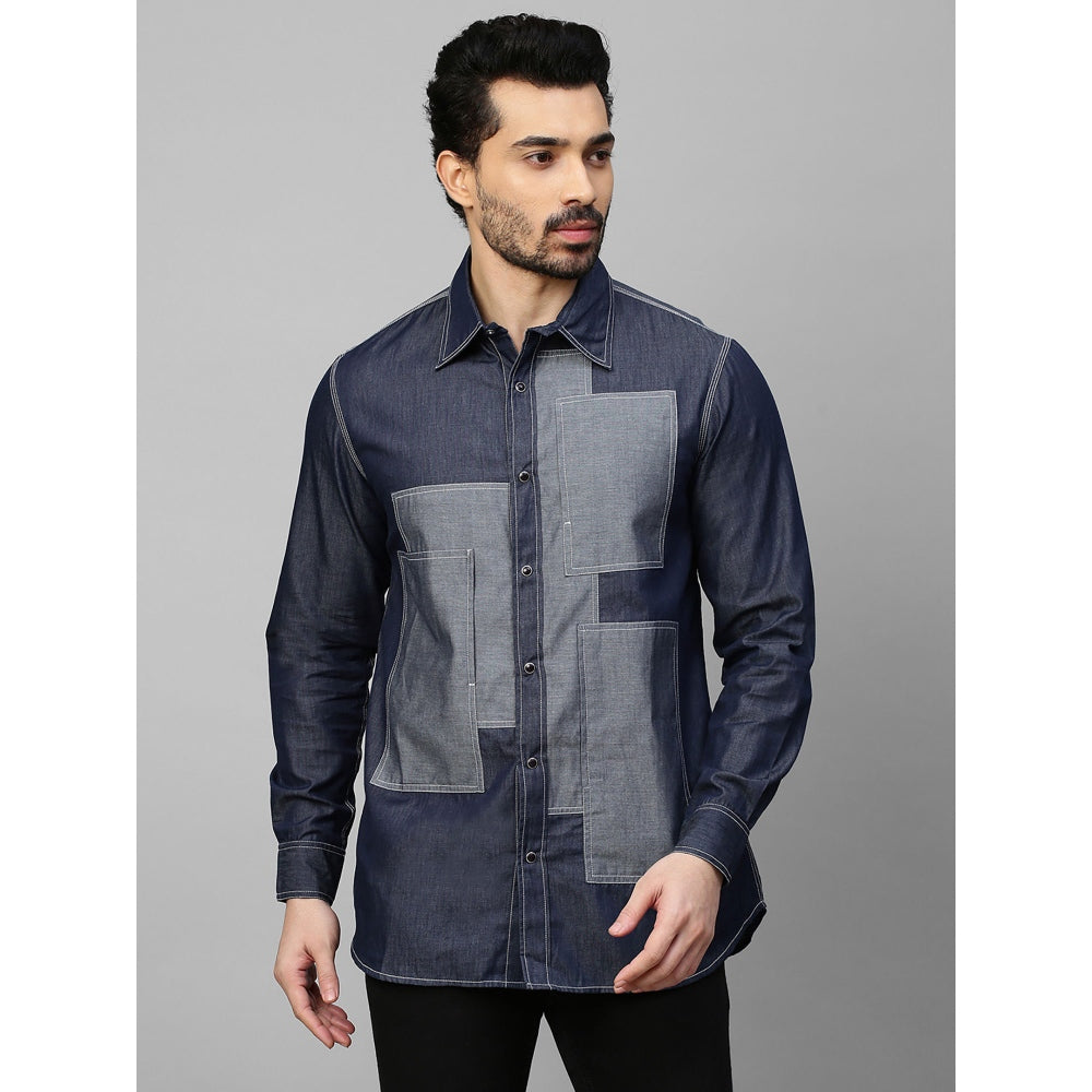 Echke Denim Shirt with Light Denim Rectangular Patchwork on Chest