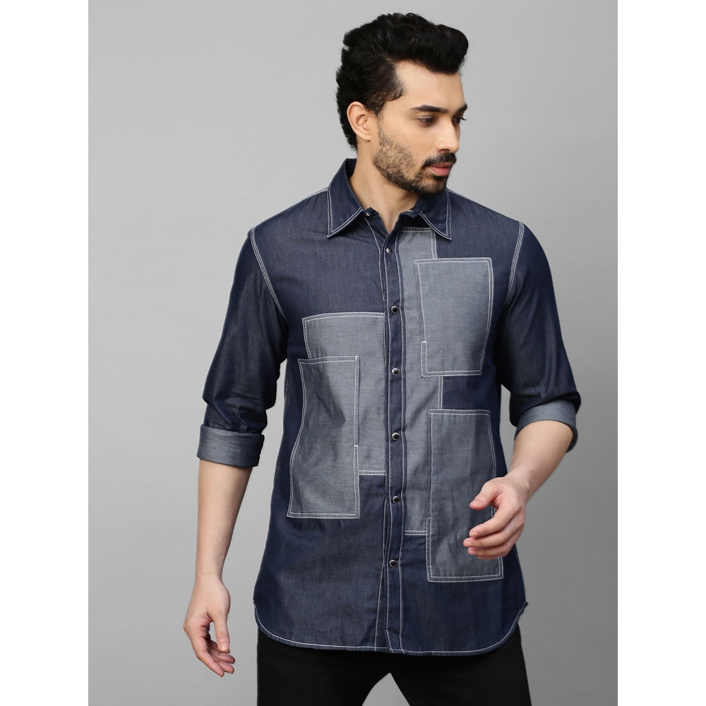 Echke Denim Shirt with Light Denim Rectangular Patchwork on Chest