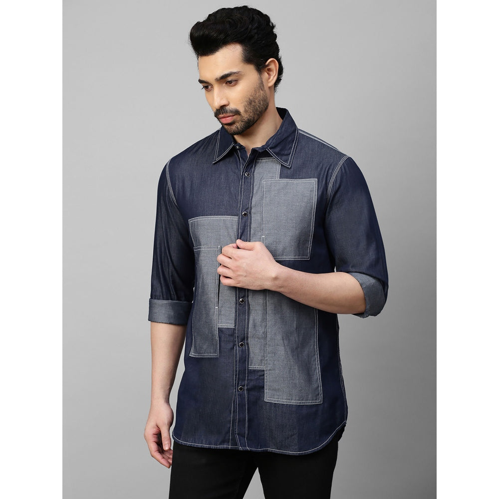 Echke Denim Shirt with Light Denim Rectangular Patchwork on Chest