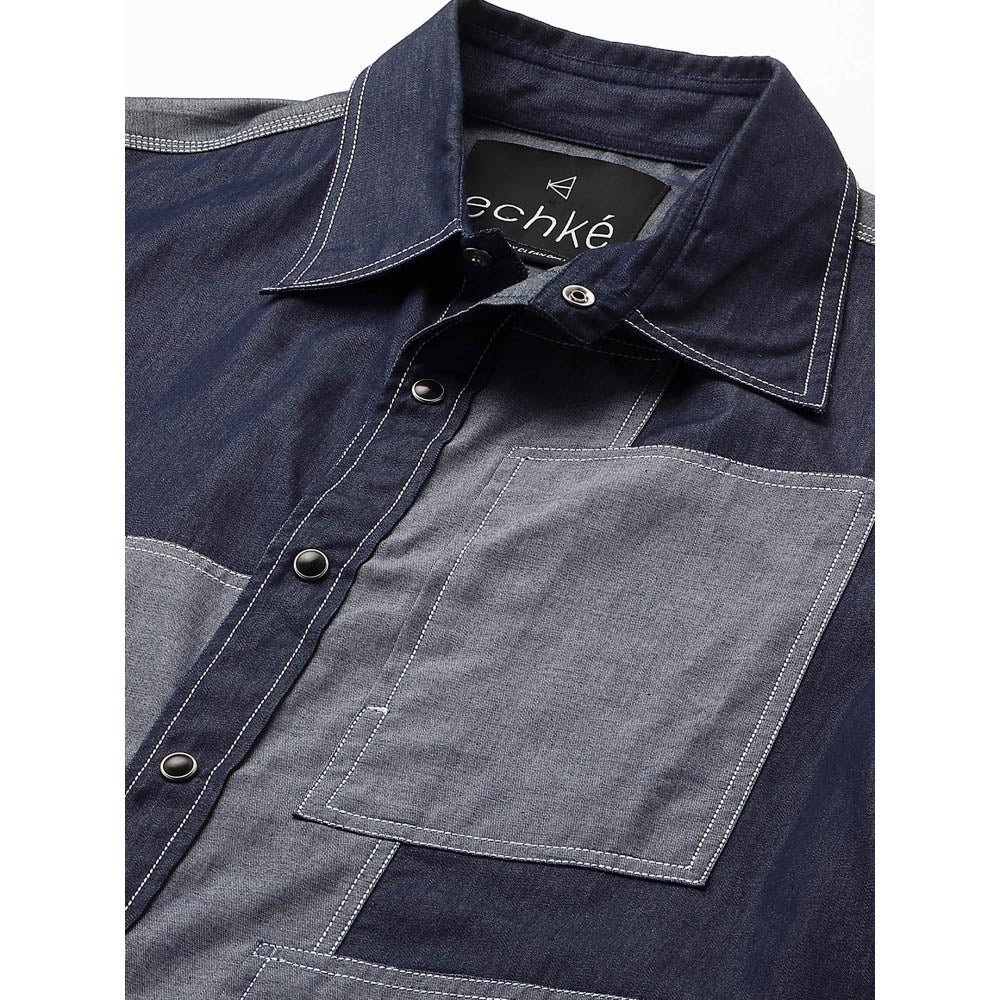 Echke Denim Shirt with Light Denim Rectangular Patchwork on Chest