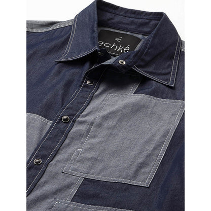 Echke Denim Shirt with Light Denim Rectangular Patchwork on Chest