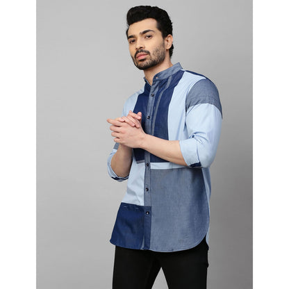 Echke Blue Shirt with Chinese Collar and Denim Patchwork