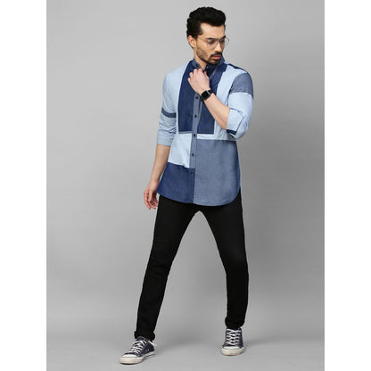 Echke Blue Shirt with Chinese Collar and Denim Patchwork
