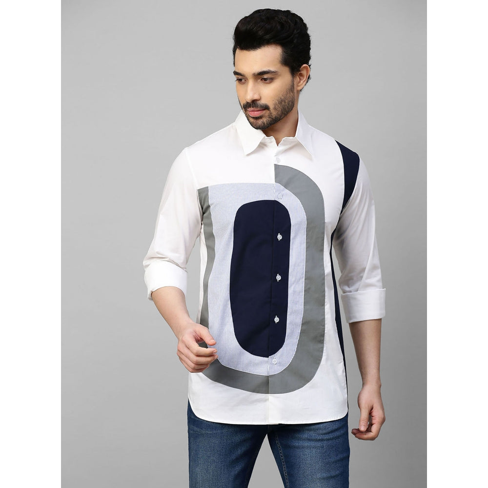 Echke White Shirt with Dark Blue & Grey and Light Blue Checks Patchwork on Chest
