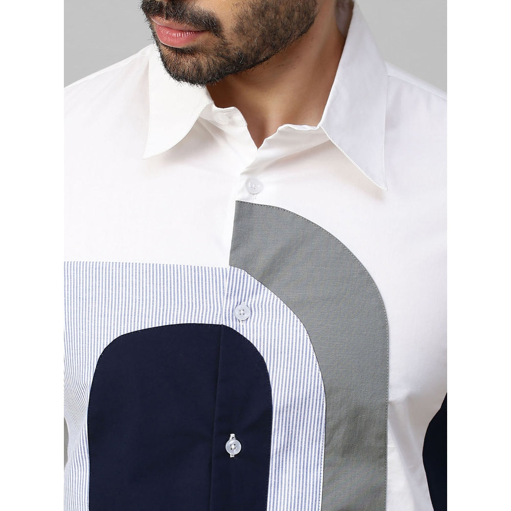 Echke White Shirt with Dark Blue & Grey and Light Blue Checks Patchwork on Chest