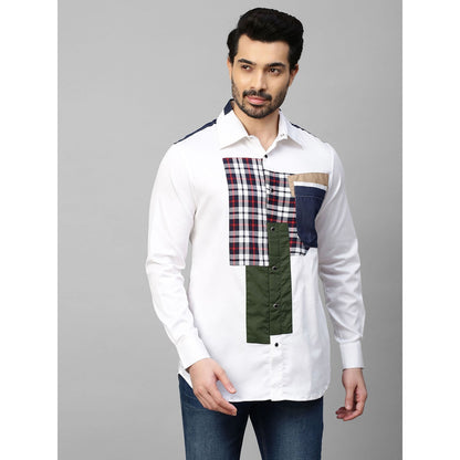 Echke White Shirt with Denim and Multicolor Patchwork on Shoulders Placket and Pocket