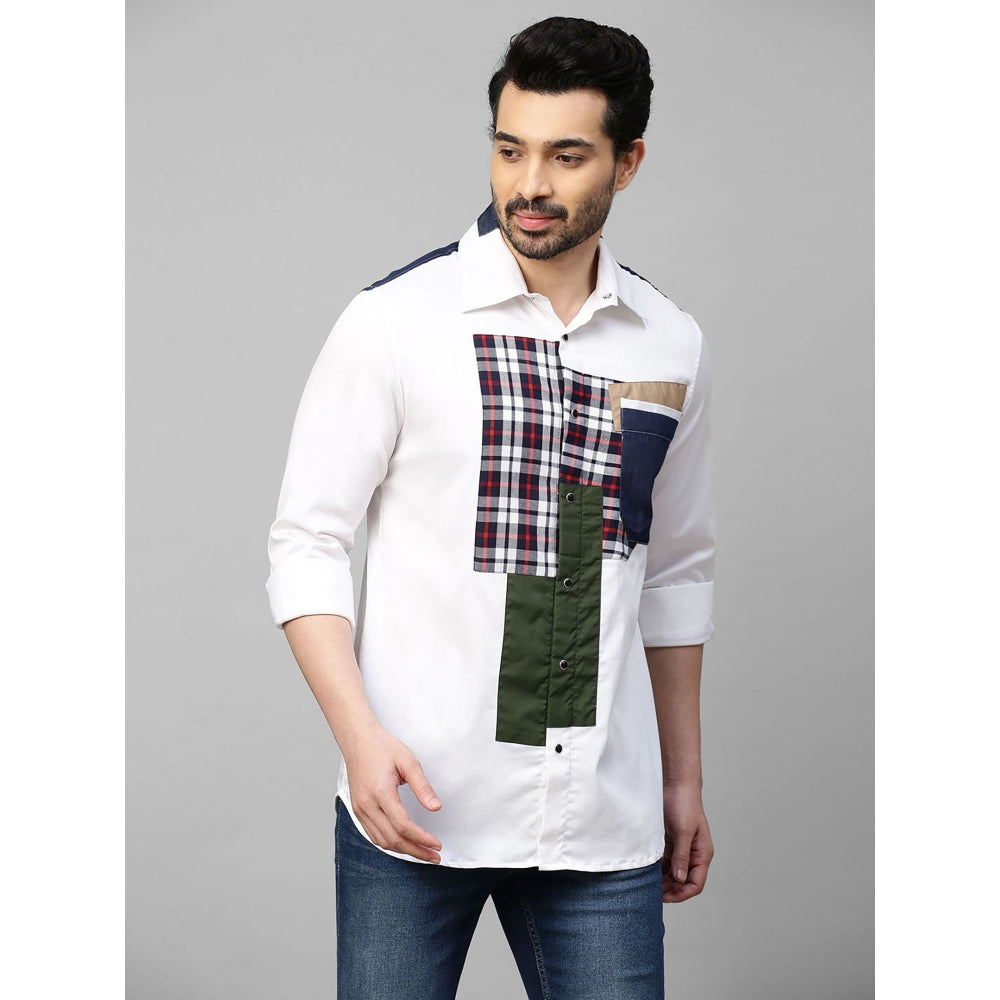 Echke White Shirt with Denim and Multicolor Patchwork on Shoulders Placket and Pocket
