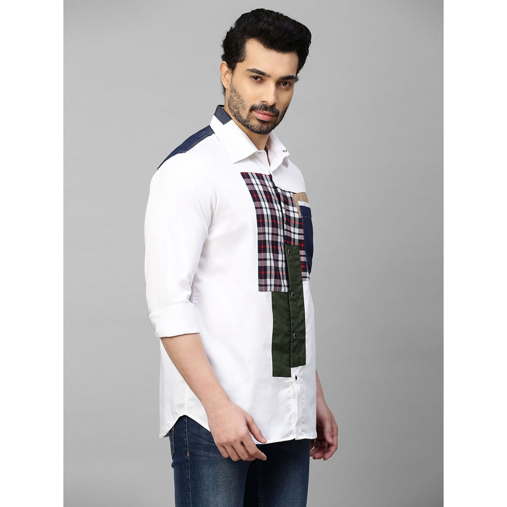 Echke White Shirt with Denim and Multicolor Patchwork on Shoulders Placket and Pocket