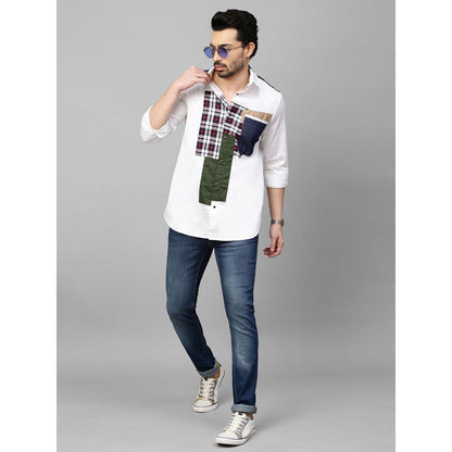 Echke White Shirt with Denim and Multicolor Patchwork on Shoulders Placket and Pocket