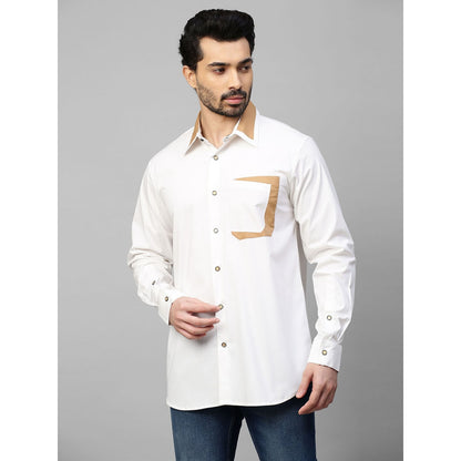 Echke White Shirt with Khaki Patchwork on Collar and Pocket