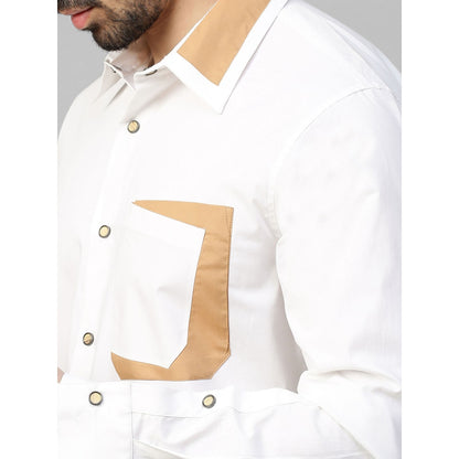 Echke White Shirt with Khaki Patchwork on Collar and Pocket