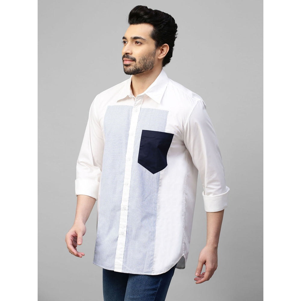 Echke White Shirt with Blue Stripes Panel on Chest and Dark Blue Pocket