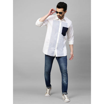 Echke White Shirt with Blue Stripes Panel on Chest and Dark Blue Pocket