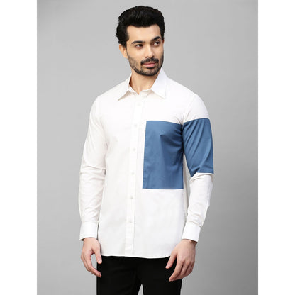 Echke White Shirt with Slate Blue Patch on Left Sleeve and Chest with Button Detailing