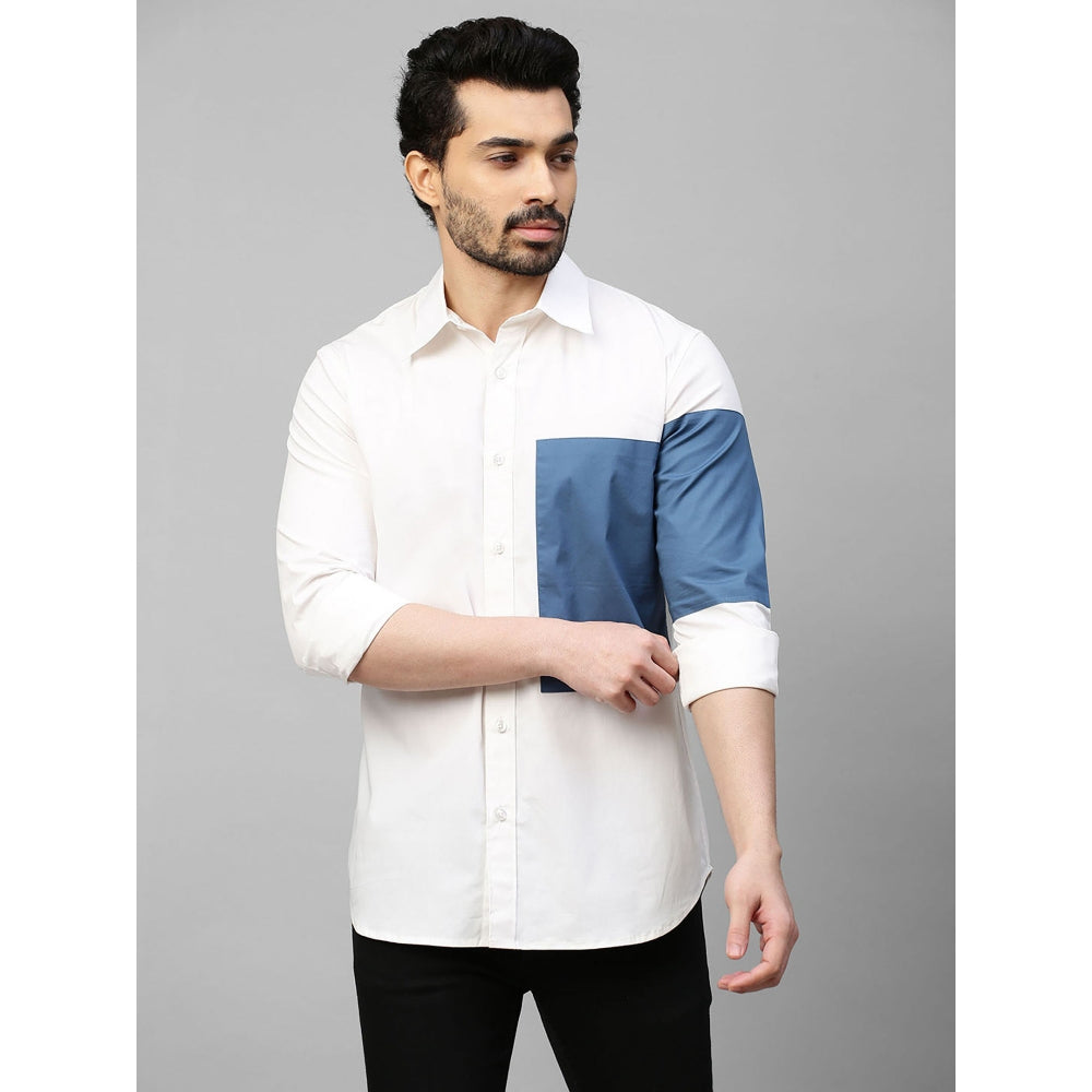 Echke White Shirt with Slate Blue Patch on Left Sleeve and Chest with Button Detailing