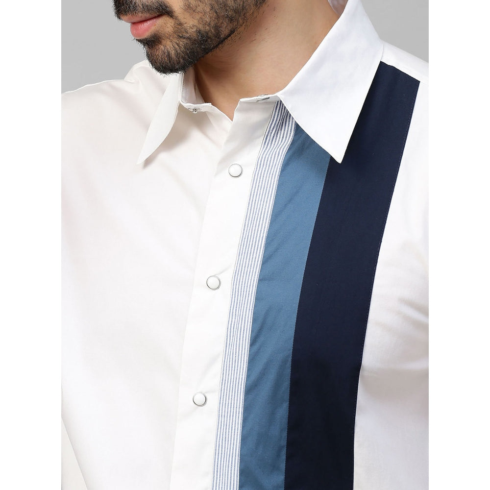 Echke White Shirt with Dark Blue and Slate Blue Vertical Panels on One Side