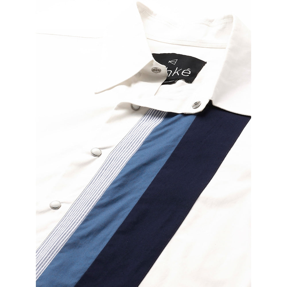Echke White Shirt with Dark Blue and Slate Blue Vertical Panels on One Side