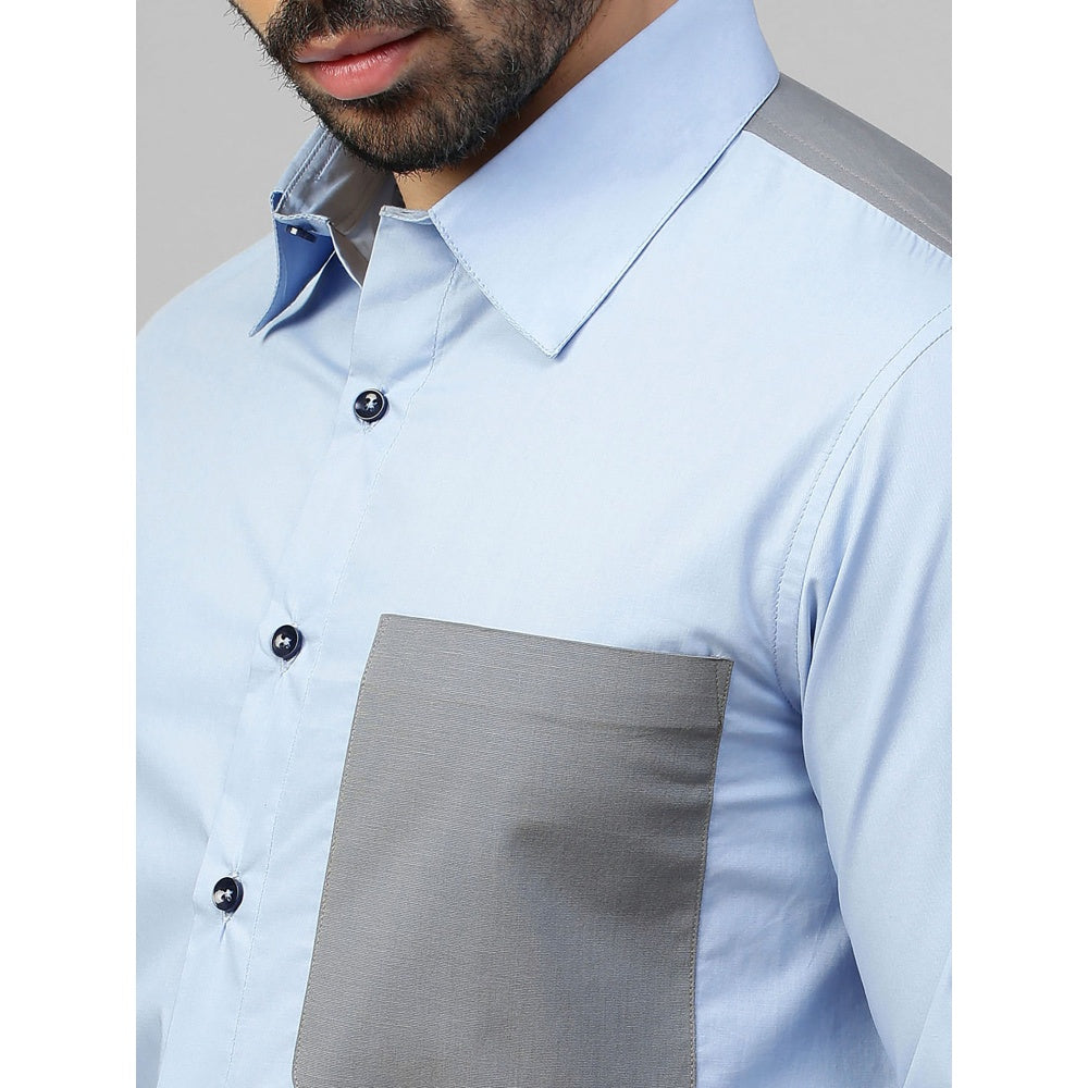 Echke Light Blue Shirt with Grey Straps on Shoulders Pocket and Placket