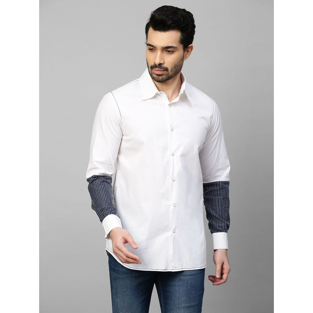 Echke White Shirt with Dark Denim and White Stitching Patch on Sleeves