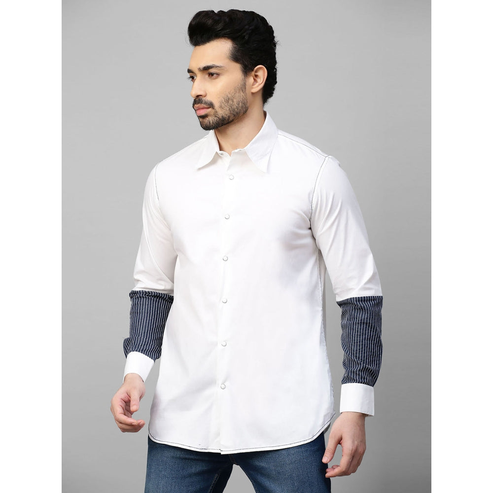 Echke White Shirt with Dark Denim and White Stitching Patch on Sleeves
