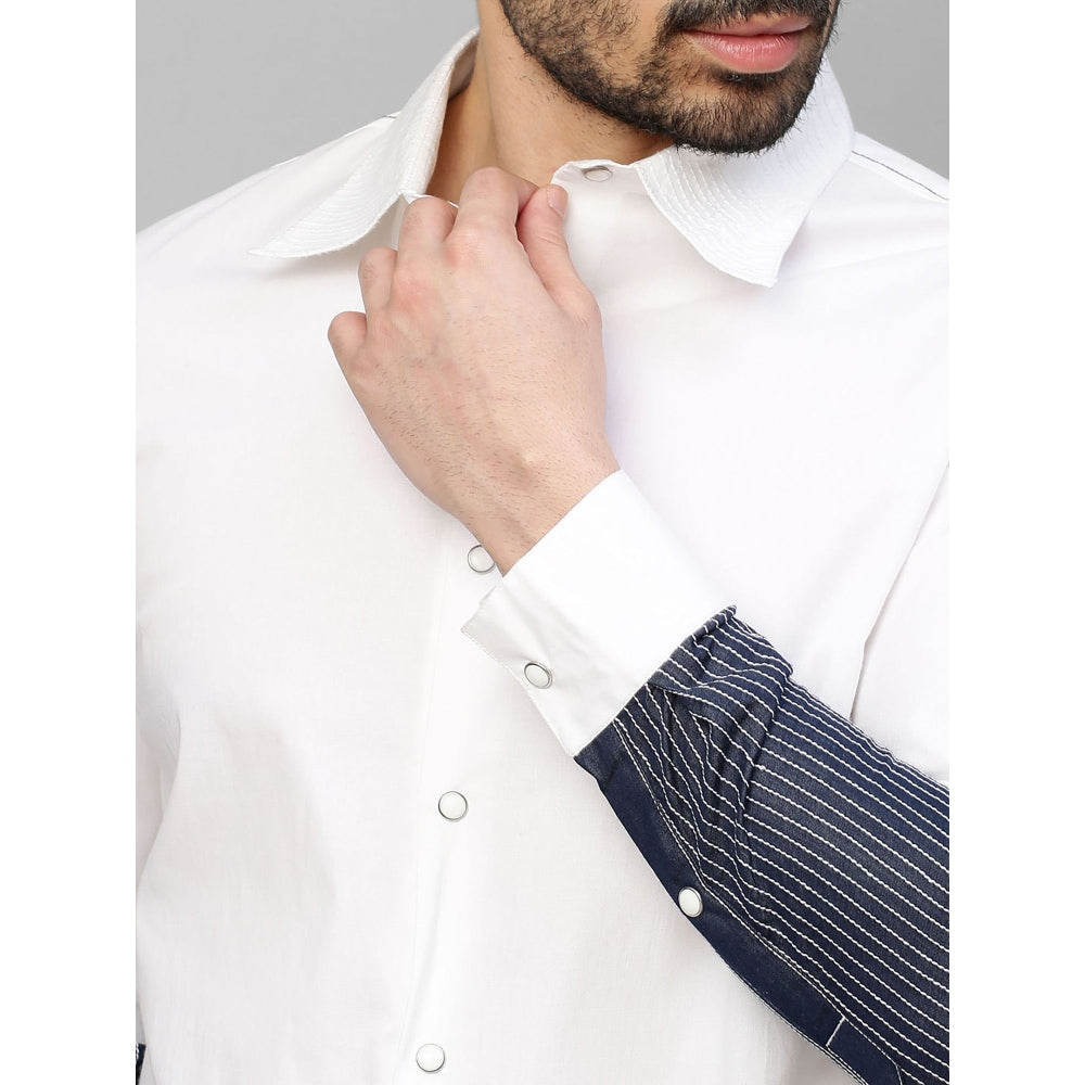 Echke White Shirt with Dark Denim and White Stitching Patch on Sleeves