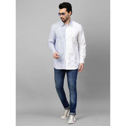 Echke White Shirt with Blue Stripes and Piping Panel on One Side