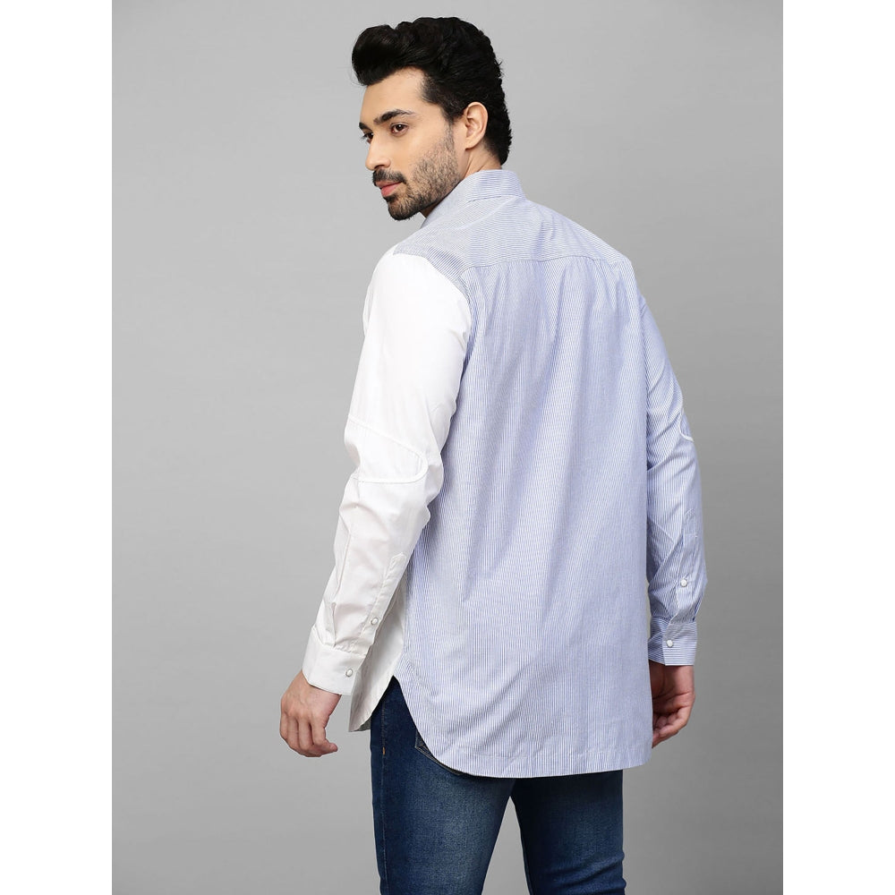 Echke White Shirt with Blue Stripes and Piping Panel on One Side