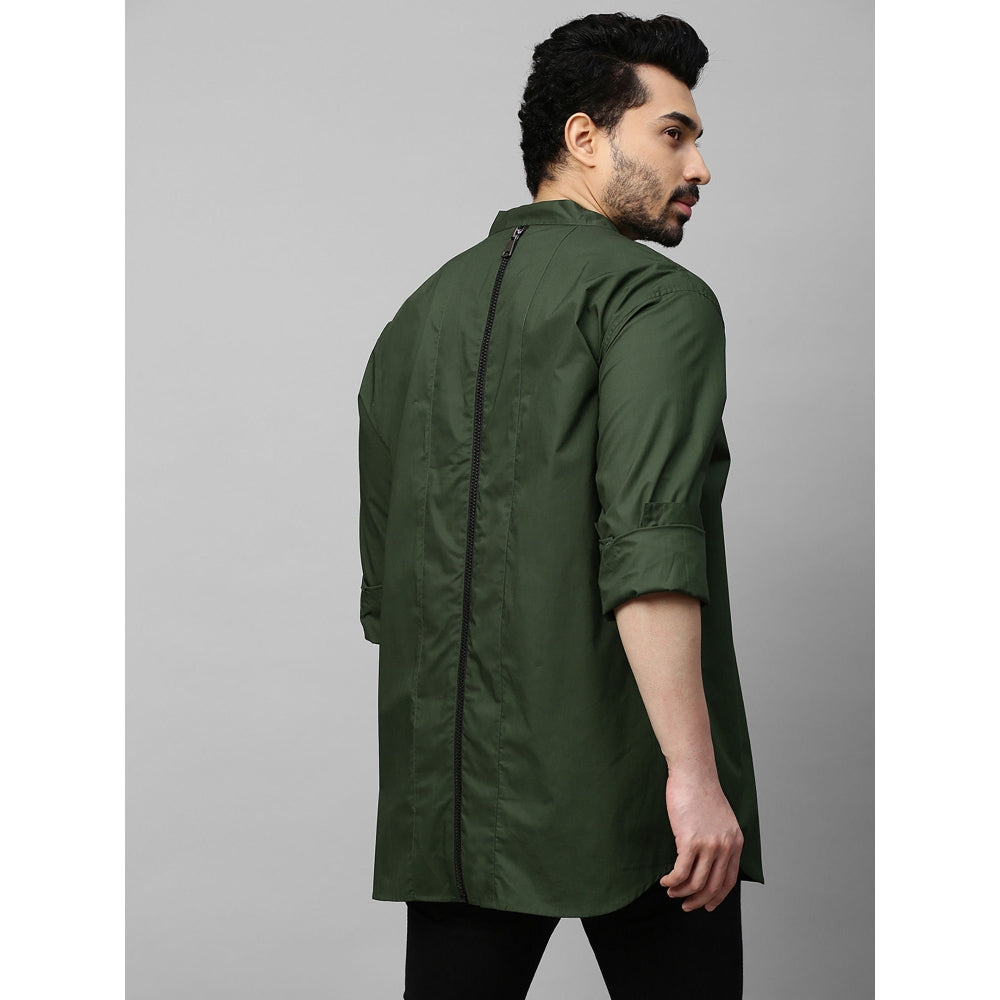Echke Military Green Shirt with Chinese Collar and Grey Zipper Feature at The Back