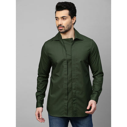 Echke Military Green Shirt Double Placket with Concealed Buttons
