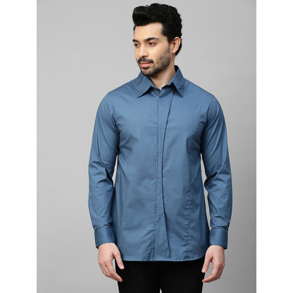 Echke Slate Blue Shirt with Double Curved Placket