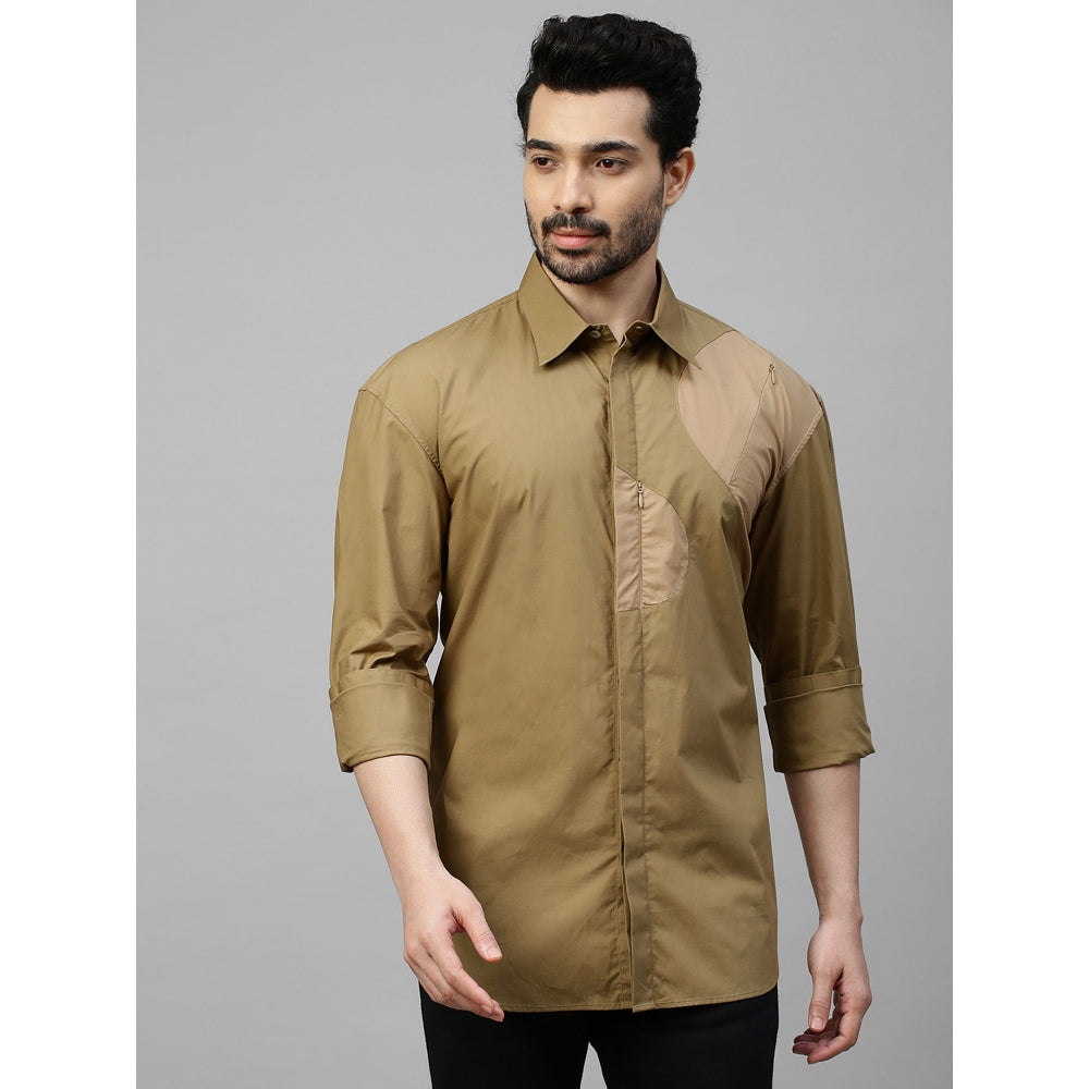 Echke Dark Khaki Shirt with Light Khaki Patch on Shoulder and Concealed Zipper