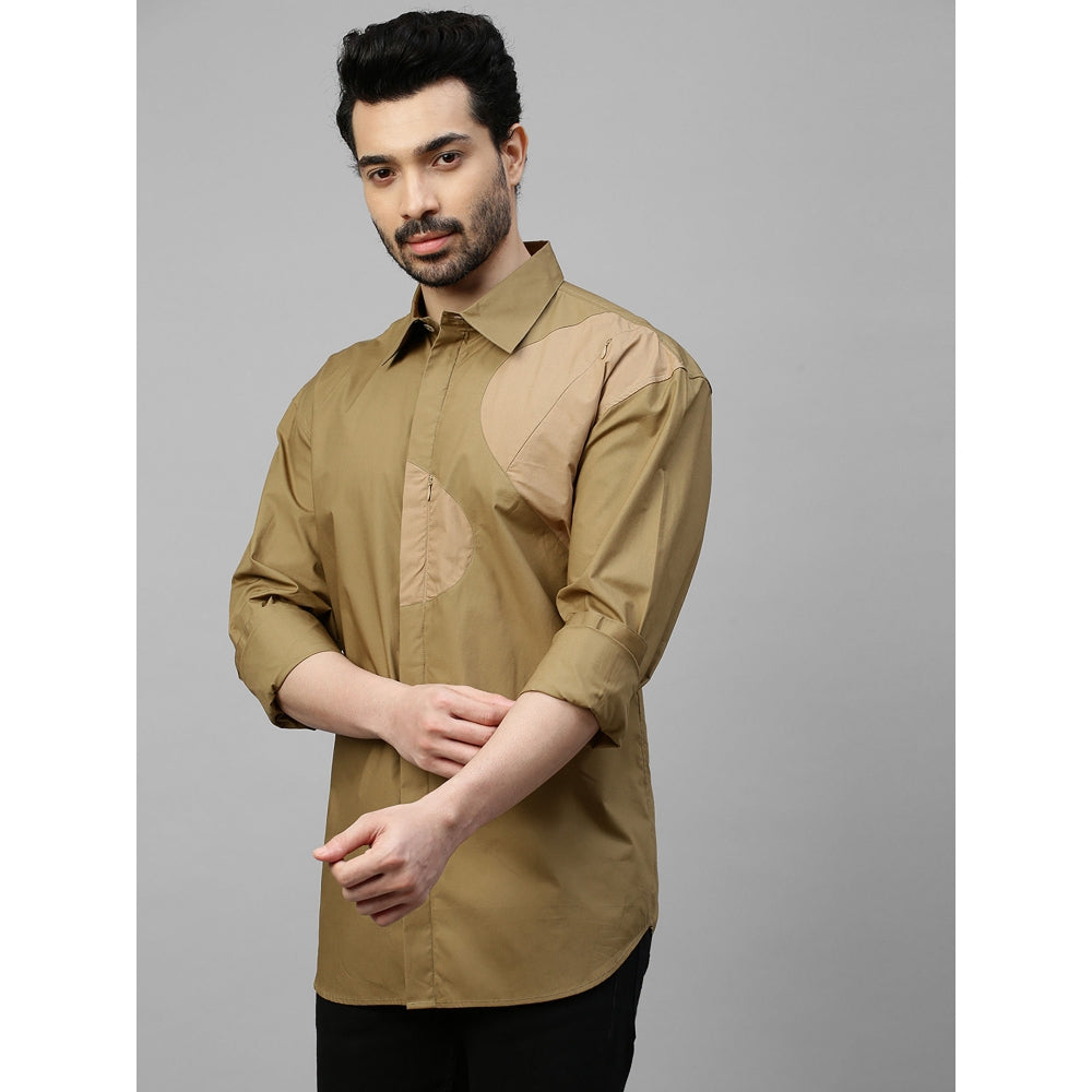 Echke Dark Khaki Shirt with Light Khaki Patch on Shoulder and Concealed Zipper
