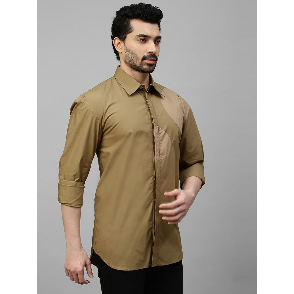 Echke Dark Khaki Shirt with Light Khaki Patch on Shoulder and Concealed Zipper