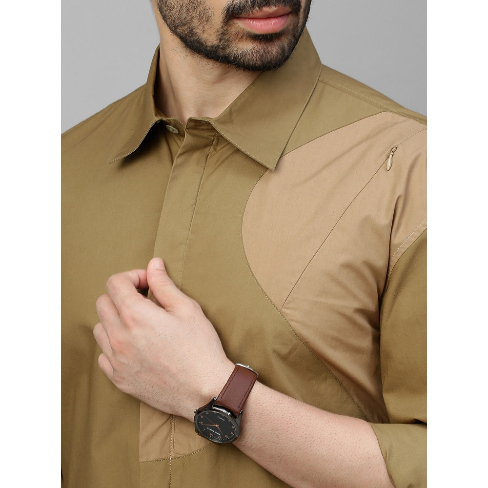 Echke Dark Khaki Shirt with Light Khaki Patch on Shoulder and Concealed Zipper