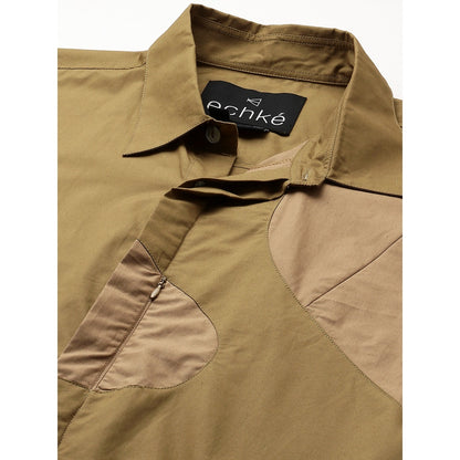 Echke Dark Khaki Shirt with Light Khaki Patch on Shoulder and Concealed Zipper