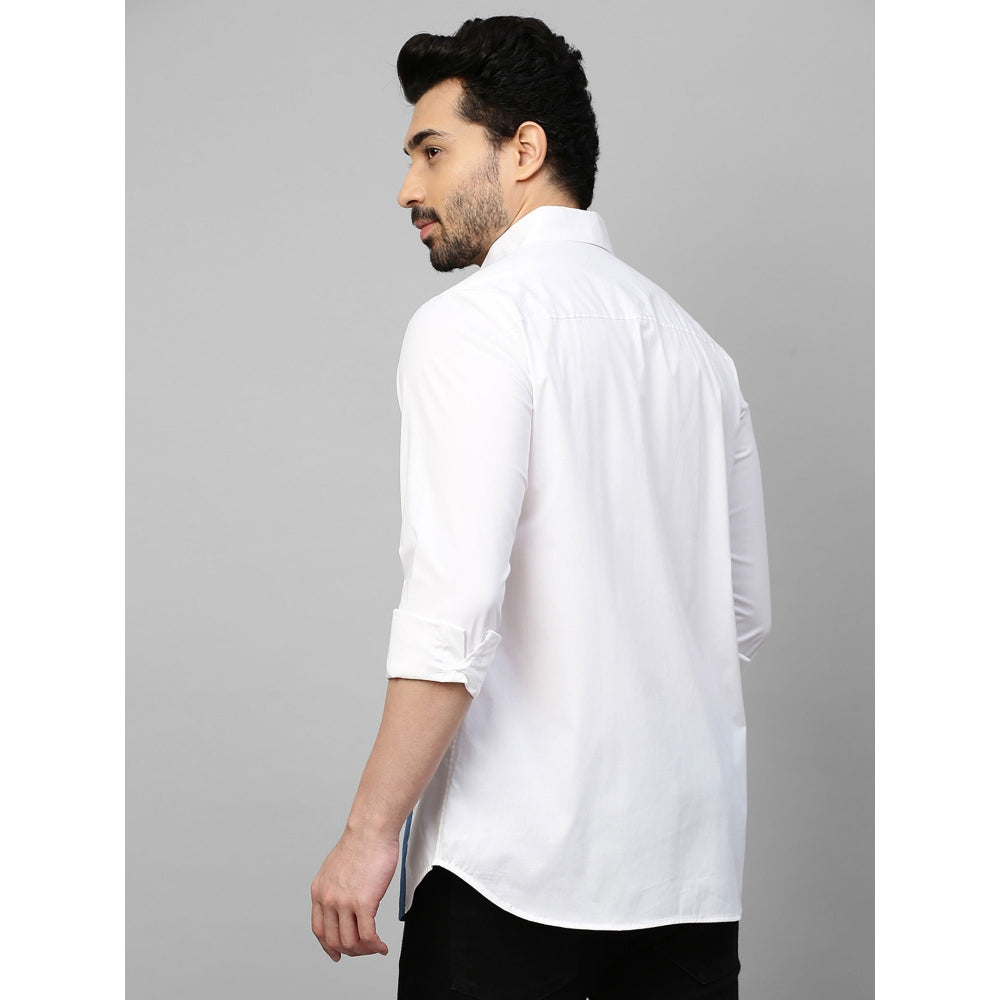 Echke White Shirt with Slate Blue Patch on One Side Slit Pocket Feature