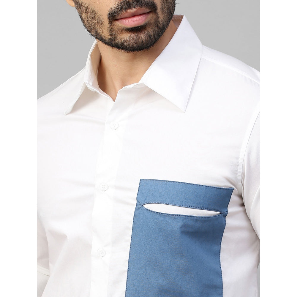 Echke White Shirt with Slate Blue Patch on One Side Slit Pocket Feature