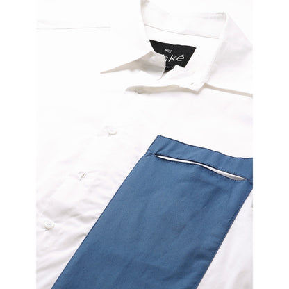 Echke White Shirt with Slate Blue Patch on One Side Slit Pocket Feature