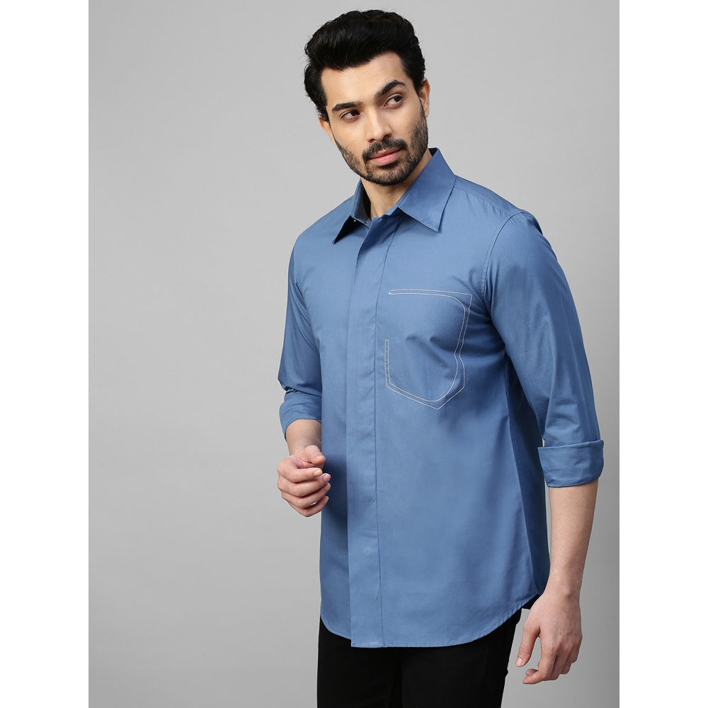 Echke Slate Blue Shirt with White Stitching Half Pocket Feature