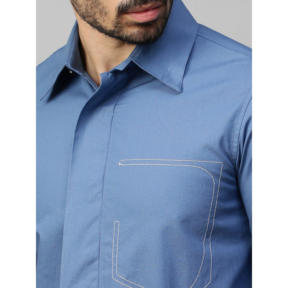 Echke Slate Blue Shirt with White Stitching Half Pocket Feature