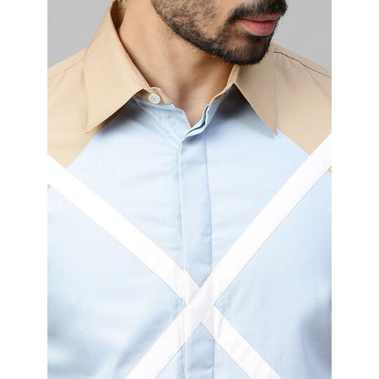 Echke Light Khaki Shirt with Light Blue and White Geometric Pattern