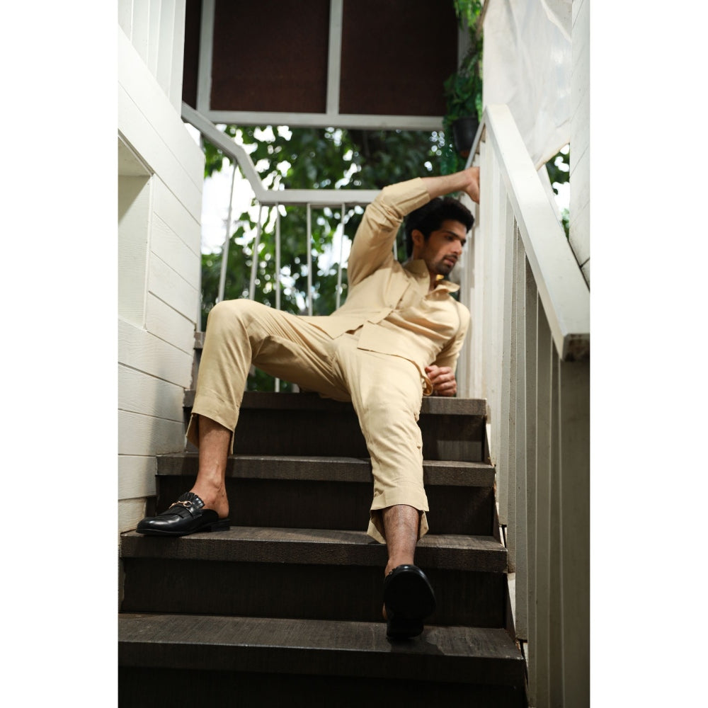 Echke Khaki High Open Collared Co-ord (Set of 2)