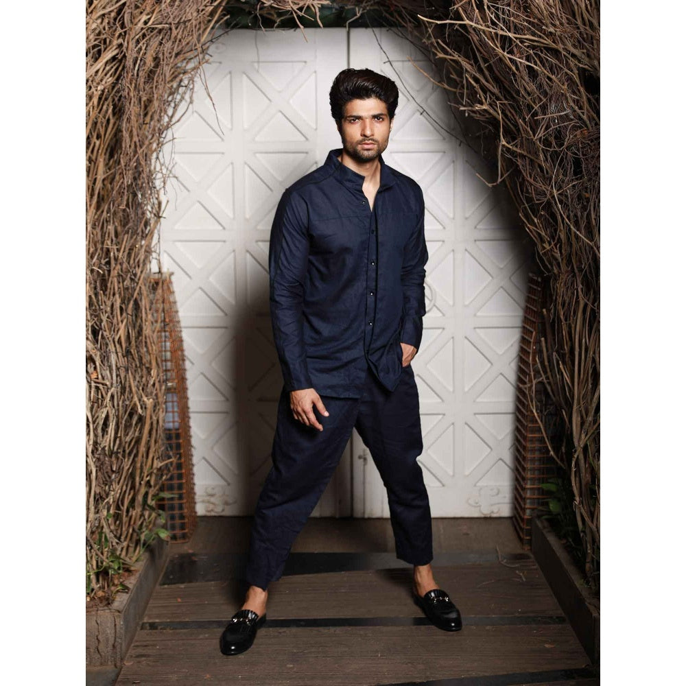 Echke Navy Blue Linen Co-ord (Set of 2)