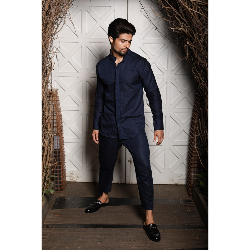 Echke Navy Blue Linen Co-ord (Set of 2)